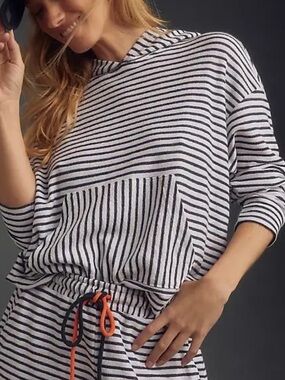 Sundry Black & White Striped Long Sleeve Hood Tee 🛥️ Terry Cropped Anthropologie